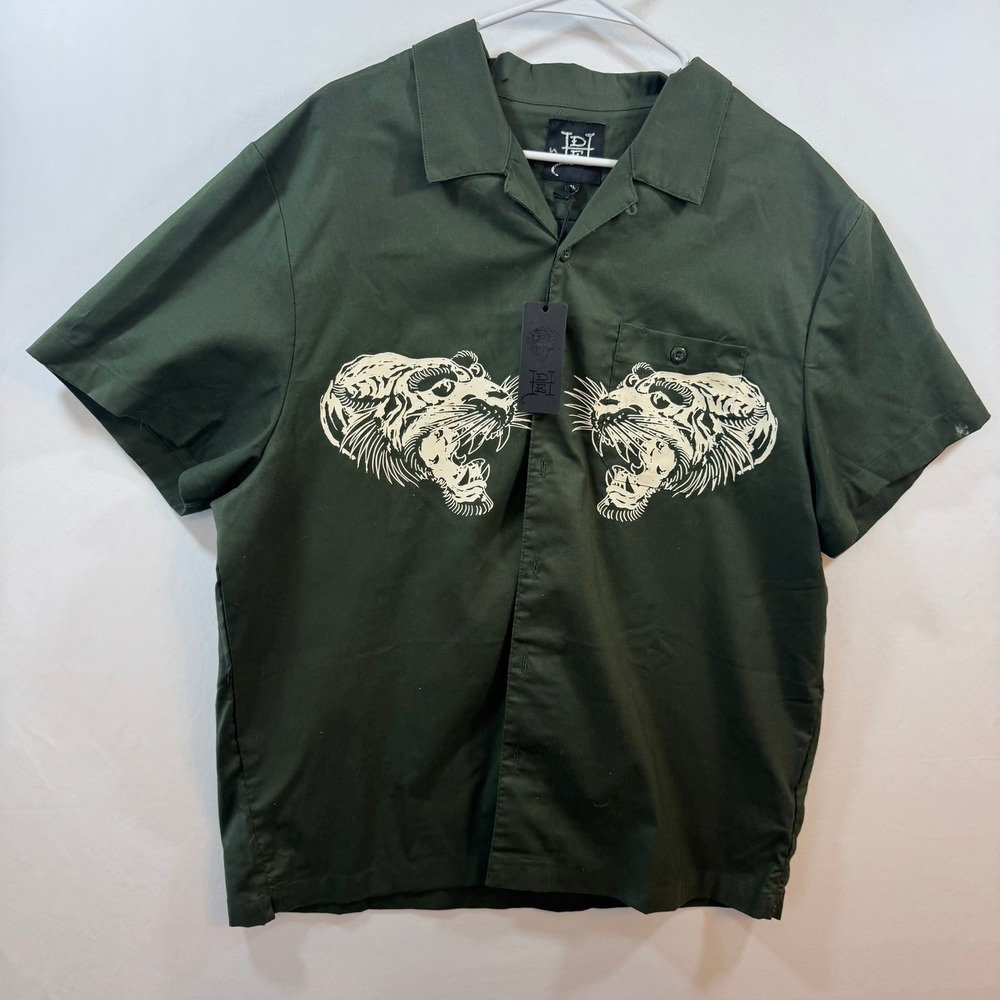 Ed Hardy Mens Green Tiger Eagle Tattoo Graphic Button Up Shirt XL EHBAO1201-1